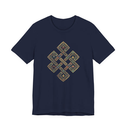 Navy t-shirt featuring a colorful, intricate Tibetan Endless Knot Buddhist symbol print.