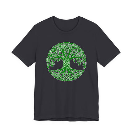 Green Celtic Tree of Life knotwork symbol featuring intricate Irish knot art design.