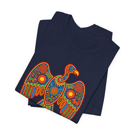 Colorful Huichol art vulture graphic tee featuring Mexican indigenous folk patterns and spiritual symbolism.