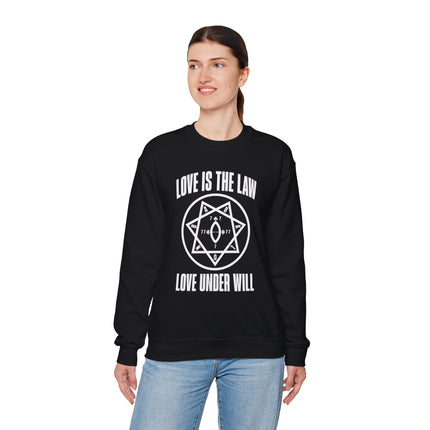 Thelema Love Is The Law sweatshirt featuring the occult hexagram symbol and "Love Under Will" text.