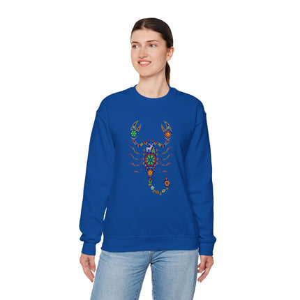 Colorful Huichol scorpion art graphic on a royal blue pullover sweatshirt.