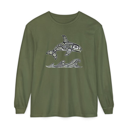 Formline Orca Long Sleeve T-Shirt | Red and White Ocean Graphic Tee