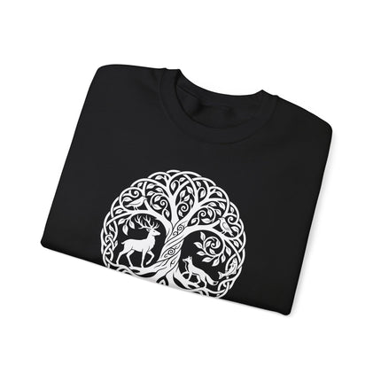 Celtic Tree of Life sweatshirt featuring deer, fox, and intricate knotwork forest designs.