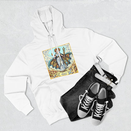 Eris Goddess of Discord Greek mythology graphic on a white pullover hoodie.