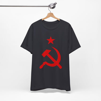 Communist hammer and sickle and star graphic tee on a black t-shirt.