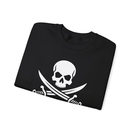 Jolly Roger pirate skull graphic sweatshirt featuring crossed sabers and bones.