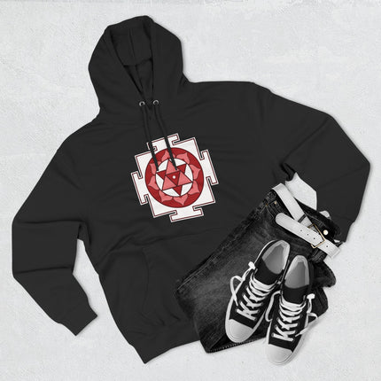 Black pullover hoodie featuring the red and white Shiva Yantra sacred geometry symbol print.