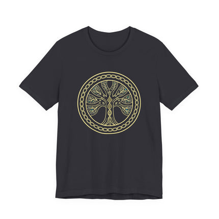 Norse Yggdrasil World Tree of Life graphic on a black tee, featuring intricate gold symbolism.