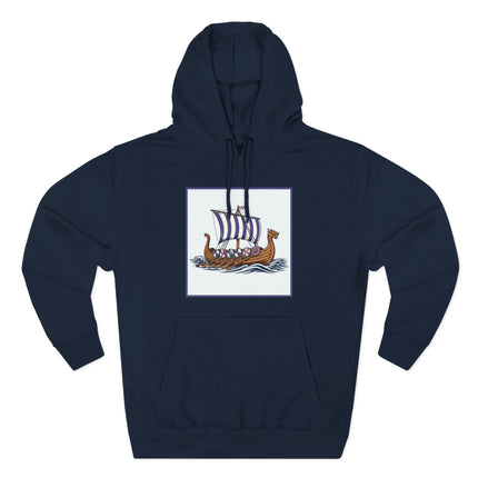 Viking longship graphic with striped sails, representing Norse mythology and Viking history.