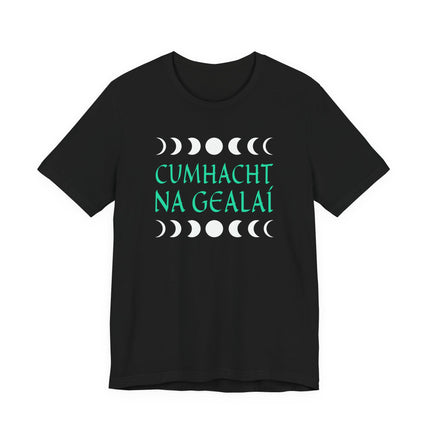 Cumhacht na Gealaí Irish lunar phases t-shirt graphic.