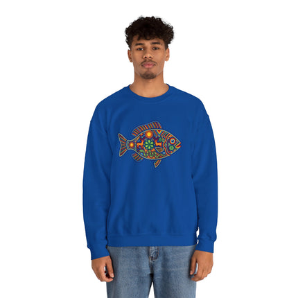 Blue sweatshirt featuring a vibrant Mexican folk art fish design.