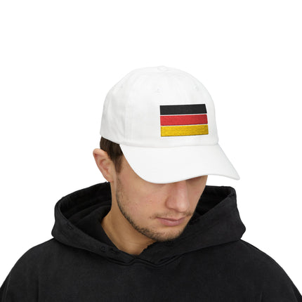 White baseball cap with embroidered German flag (black, red, gold) design.