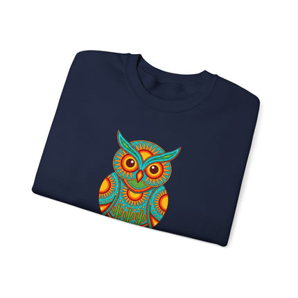 Mexican folk art pullover featuring vibrant Huichol owl and desert cactus design.