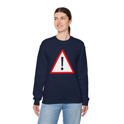 Navy blue pullover sweatshirt featuring a red triangular warning sign and exclamation mark graphic.