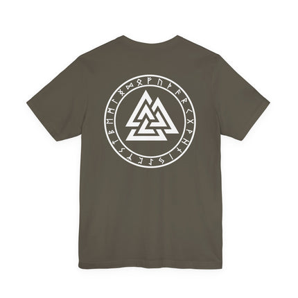 Norse Valknut Runic Back Print T-Shirt | Elder Futhark Rune Circle Viking Tee