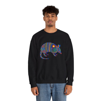 Vibrant Huichol Armadillo Sweatshirt | Dotted Mexican Folk Art Pullover Sweatshirt