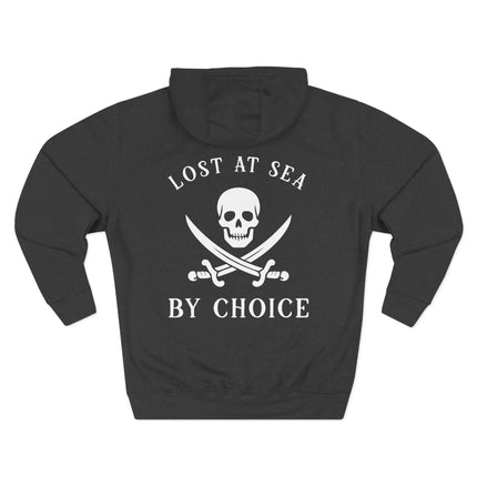 Skull and crossbones graphic hoodie featuring "Lost At Sea By Choice" text.
