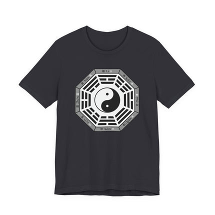 Black t-shirt featuring the Yin Yang symbol and Bagua Eight Trigrams design, symbolizing Taoist harmony and balance.