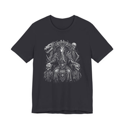Norse Goddess Hel t-shirt design featuring skulls and gothic underworld art.