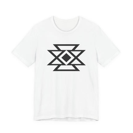 Minimalist geometric butterfly symbol graphic tee shirt design.