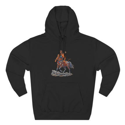 Greek mythology centaur warrior archer graphic illustration on a black hoodie.
