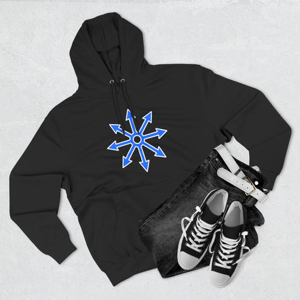 Blue eight-pointed chaos star symbol graphic on a black unisex hoodie.