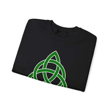 Green Celtic Triquetra knot graphic on a black pullover sweatshirt.