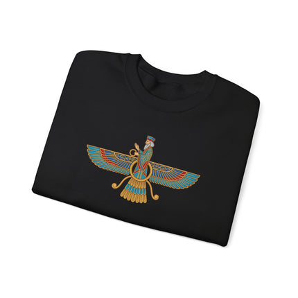 Faravahar winged symbol design on a zoroastrian persian graphic pullover sweatshirt.
