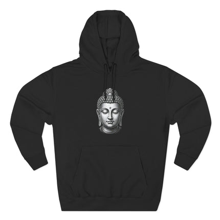Black hoodie featuring a serene grayscale Buddha head graphic for meditation and zen.