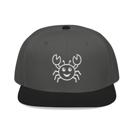 Embroidered smiling crab snapback cap in gray. Cute nautical cartoon design for casual wear.