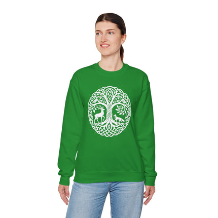 Circular Celtic Tree of Life knotwork featuring deer and fox woodland animals.