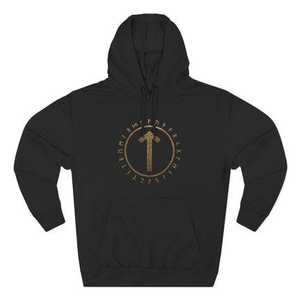 Black hoodie featuring the Tiwaz rune and the complete Elder Futhark runic circle design.