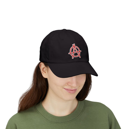 Black embroidered baseball cap featuring the red anarchy symbol design.