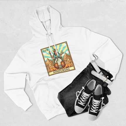 Ninhursag Sumerian Goddess art graphic on a white mythological pullover hoodie.