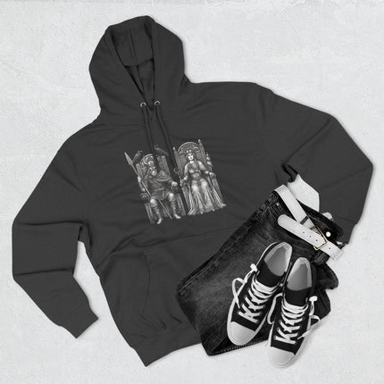 Black hoodie featuring Odin and Frigg, Norse gods artwork, and Viking mythology design.