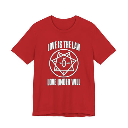 Love Is The Law t-shirt featuring the occult heptagram symbol and Thelema text.