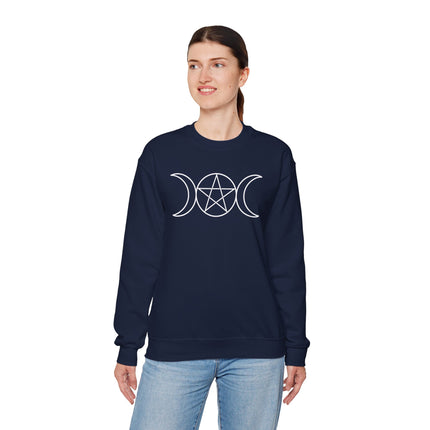 Wiccan Triple Moon with Pentagram Sweatshirt | Pagan Witchcraft Unisex Pullover V5