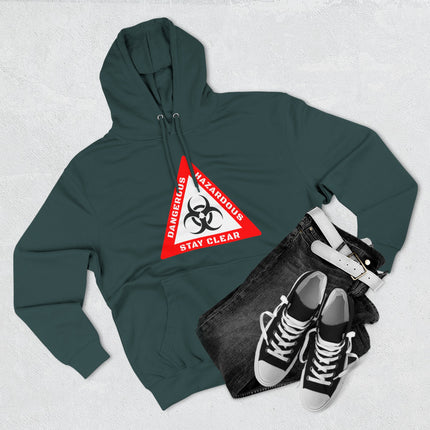 Dark green hoodie with a biohazard warning sign graphic: Dangerous, Hazardous, Stay Clear.