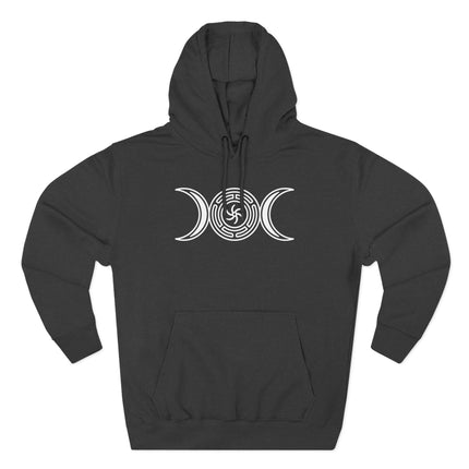 Triple Moon Goddess symbol on a black pagan witchcraft hoodie.