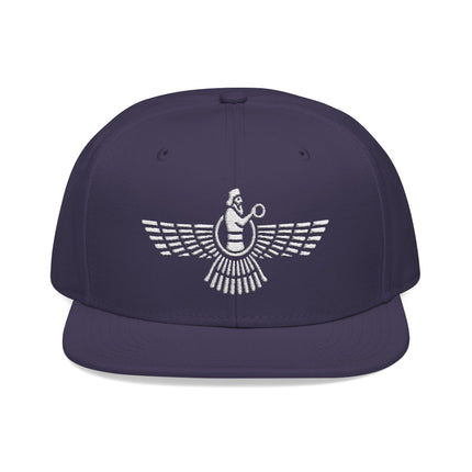Embroidered Faravahar symbol on a dark snapback hat. Zoroastrian Persian cultural design.