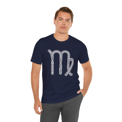 Tribal Virgo zodiac sign t-shirt with ornate celestial symbol print.
