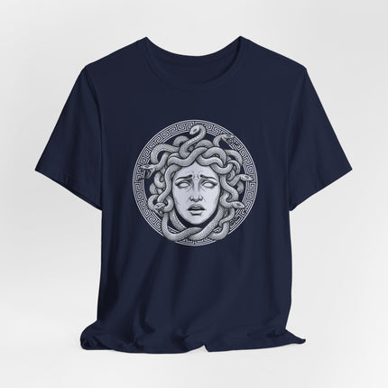 Medusa Gorgon head graphic tee featuring snakes and classical Greek mythology design.