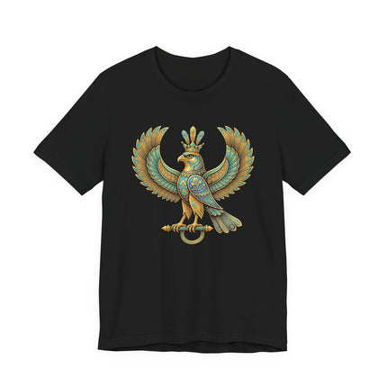 Persian Shabaz mythical eagle graphic in gold and turquoise on a black t-shirt.