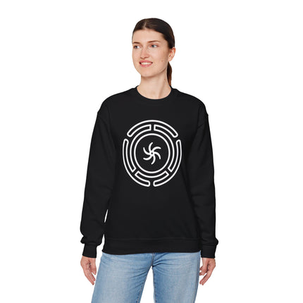 Black sweatshirt featuring the white Hekate's Wheel symbol graphic for pagan or witchy style.