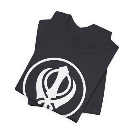 Black t-shirt featuring the Khanda Sikh symbol graphic design.