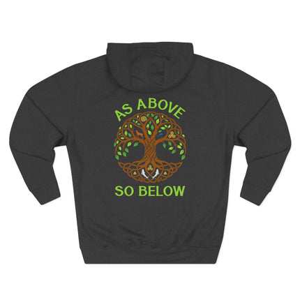 Celtic Tree of Life hoodie with "As Above So Below" design, featuring pagan knotwork.