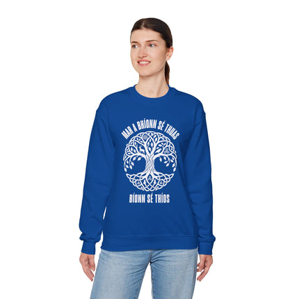 Blue sweatshirt featuring a Celtic Tree of Life graphic and Irish Gaelic phrase.