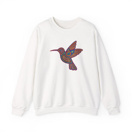 Indigenous Huichol art sweatshirt featuring vibrant geometric hummingbird patterns.