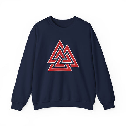 Red Valknut Norse symbol sweatshirt featuring a striking Viking Asgard design print.