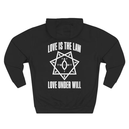 Love Is The Law hoodie with occult heptagram symbol and Thelema text.